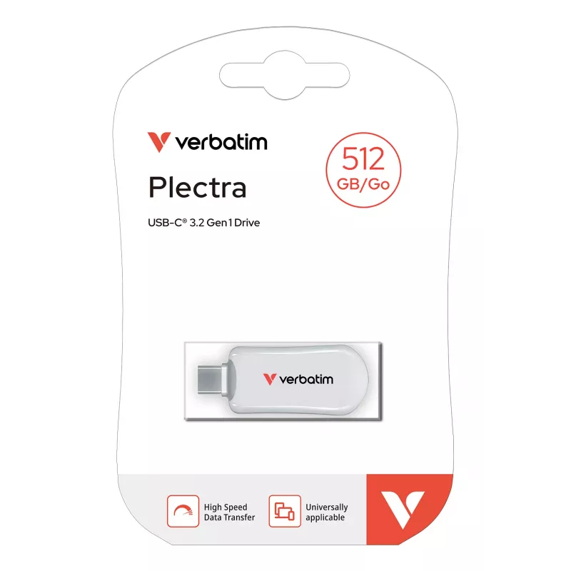Memoria USB-C Verbatim Plectra blanca 512GB, 512 GB, USB Type-C, 3.2 Gen 1 (3.1 Gen 1), 100 MB/s, sin tapa, blanca