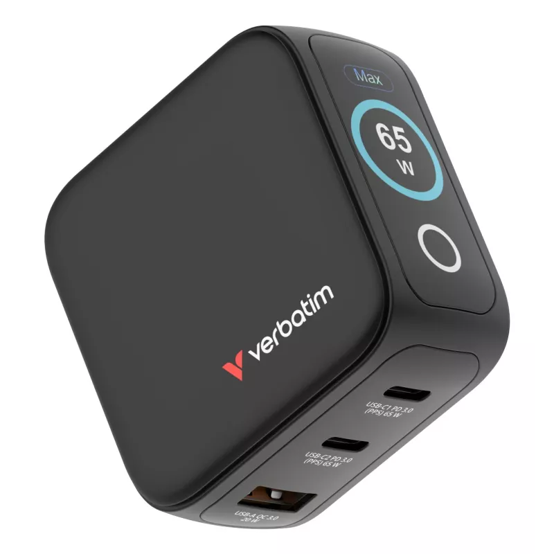 Cargador Verbatim Mini GaN 65W con indicador, interior, AC, 20 V, negro