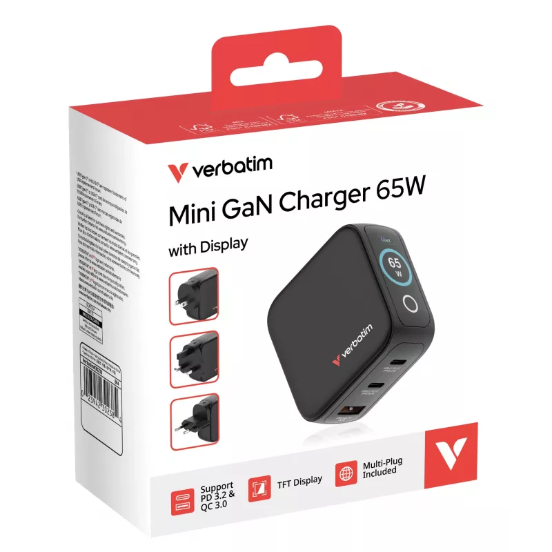 Cargador Verbatim Mini GaN 65W con indicador, interior, AC, 20 V, negro