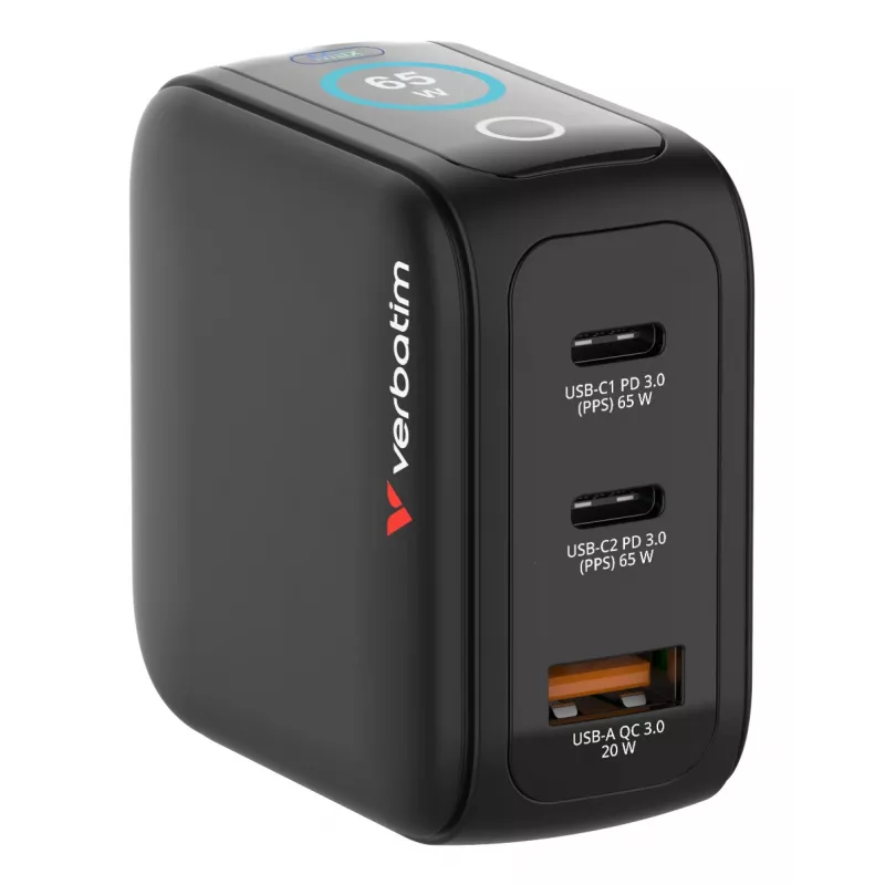 Cargador Verbatim Mini GaN 65W con indicador, interior, AC, 20 V, negro