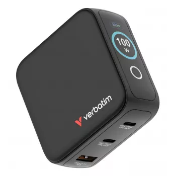 Cargador Verbatim Mini GaN 100W con pantalla, interior, AC, 20 V, negro