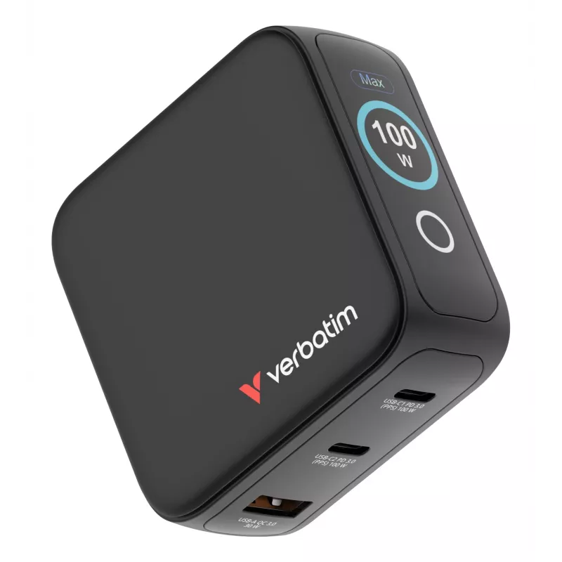Cargador Verbatim Mini GaN 100W con pantalla, interior, AC, 20 V, negro