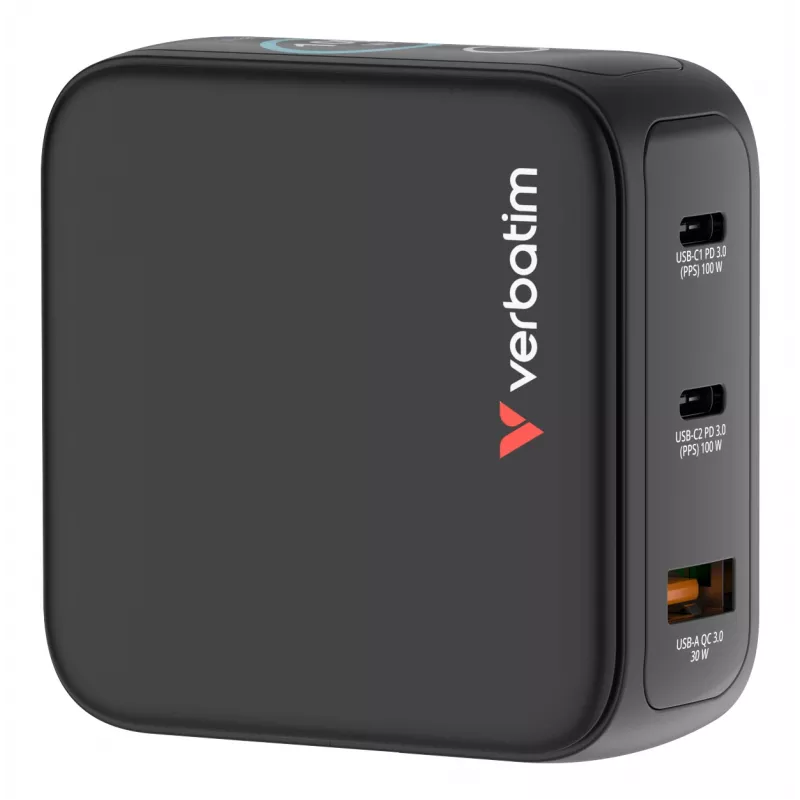 Cargador Verbatim Mini GaN 100W con pantalla, interior, AC, 20 V, negro