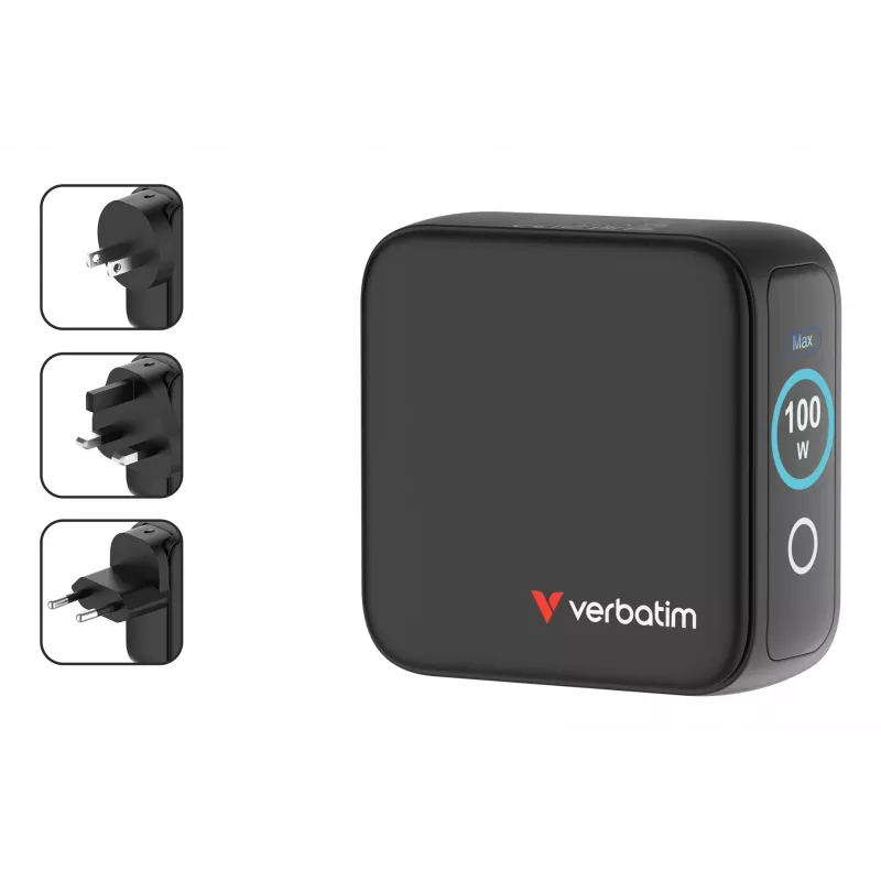 Cargador Verbatim Mini GaN 100W con pantalla, interior, AC, 20 V, negro