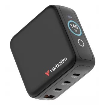 Cargador Verbatim Mini GaN 140W con pantalla, interior, AC, 28 V, negro