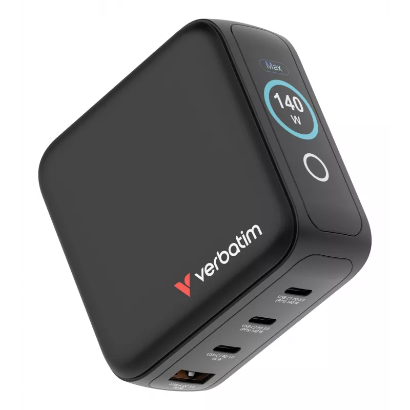 Cargador Verbatim Mini GaN 140W con pantalla, interior, AC, 28 V, negro