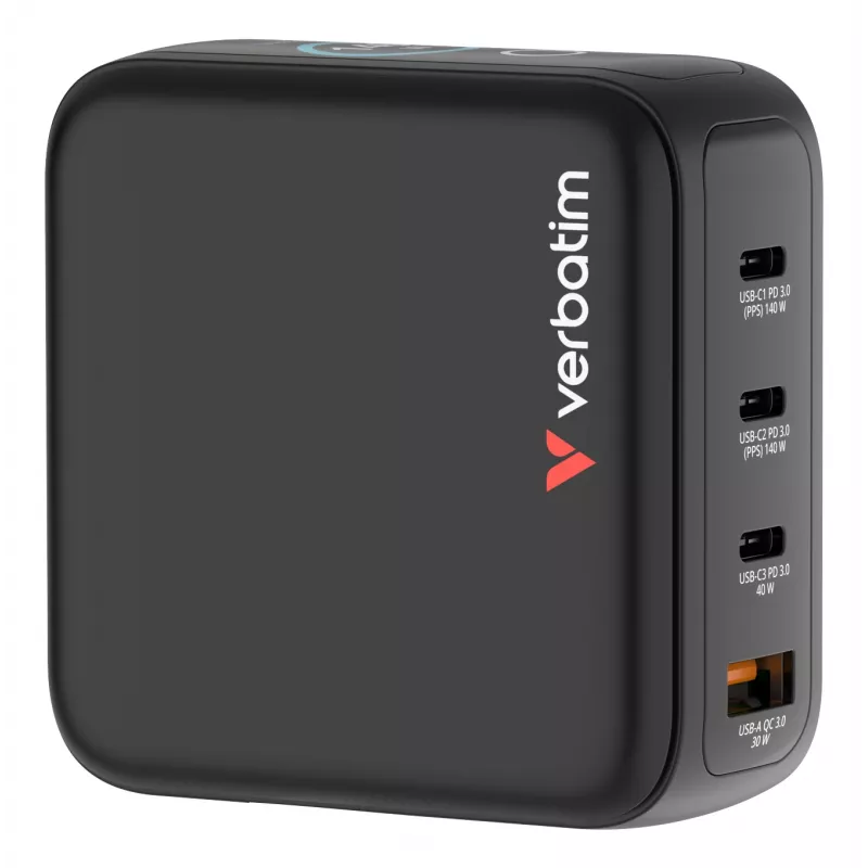 Cargador Verbatim Mini GaN 140W con pantalla, interior, AC, 28 V, negro