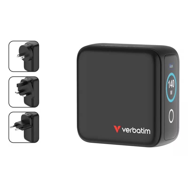Cargador Verbatim Mini GaN 140W con pantalla, interior, AC, 28 V, negro