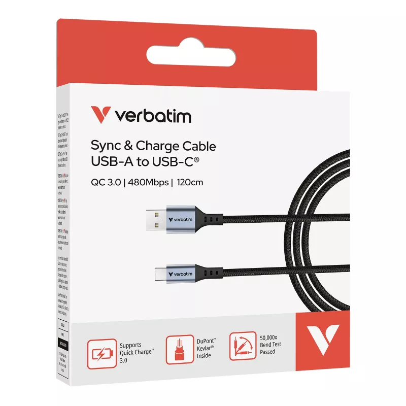 Verbatim Sync & Charge Cable USB-A a USB-C 120 cm, 1,2 m, USB A, USB C, USB 2.0, 0,48 Gbit/s, negro