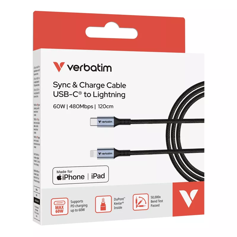 Verbatim Sync & Charge Cable USB-C a Lightning 120 cm, 1,2 m, Lightning, USB C, conector macho, conector macho, negro