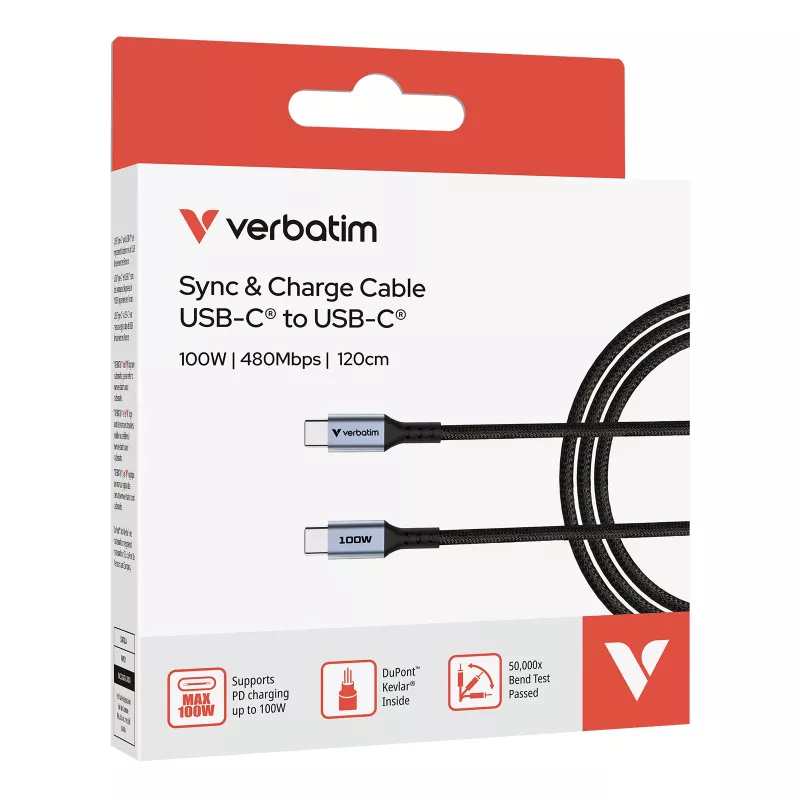 Verbatim Sync & Charge Cable – 100W USB-C a USB-C 120 cm, 1,2 m, USB C, USB C, USB 2.0, 0,48 Gbit/s, negro