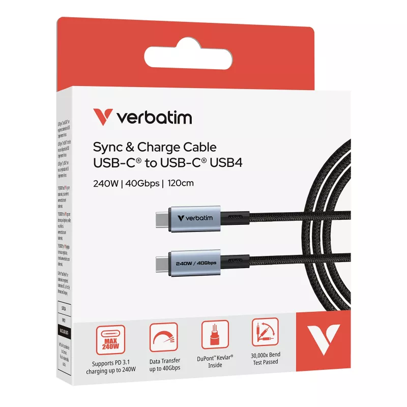 Verbatim Sync & Charge USB C a USB C 240W 40 Gbit/s 120 cm, 1,2 m, USB C, USB C, USB4 Gen 2x2, 40 Gbit/s, negro