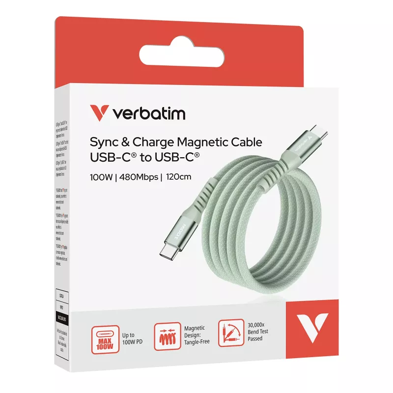 Verbatim Sync & Charge Cable magnético - 100W USB-C a USB-C 120 cm verde