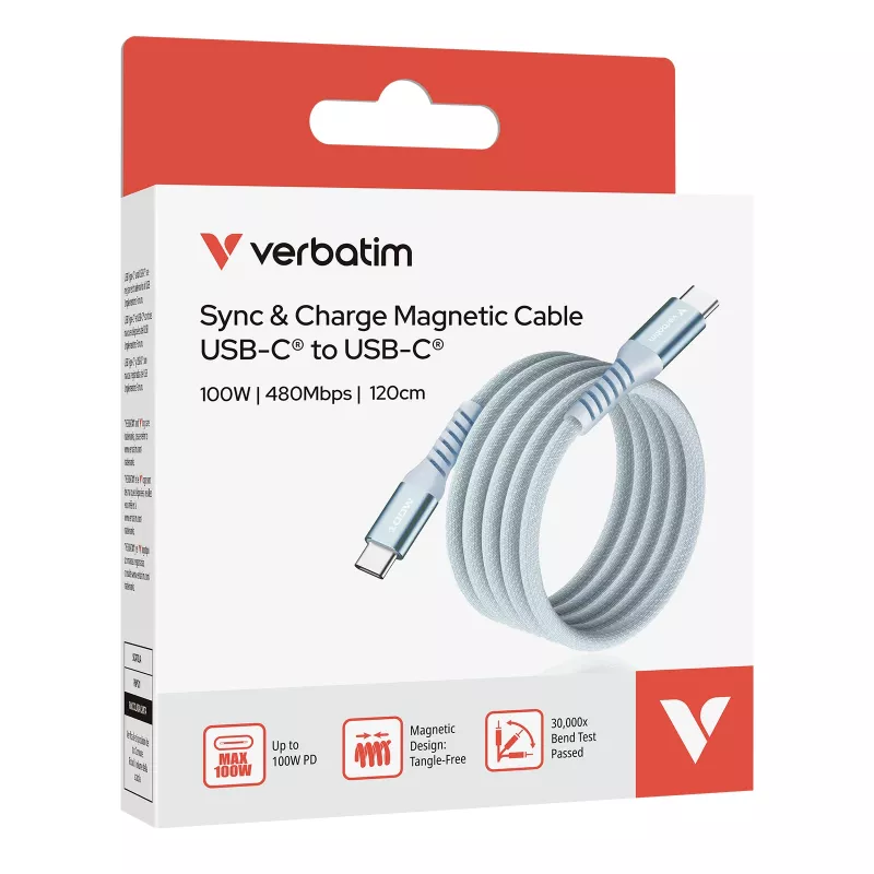 Verbatim Sync & Charge Cable magnético – 100W USB-C a USB-C 120 cm azul