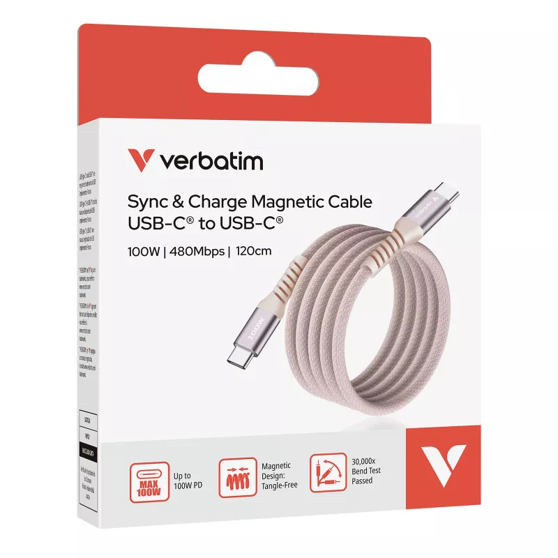 Verbatim Sync & Charge Cable magnético – 100W USB-C a USB-C, 120 cm, rosa