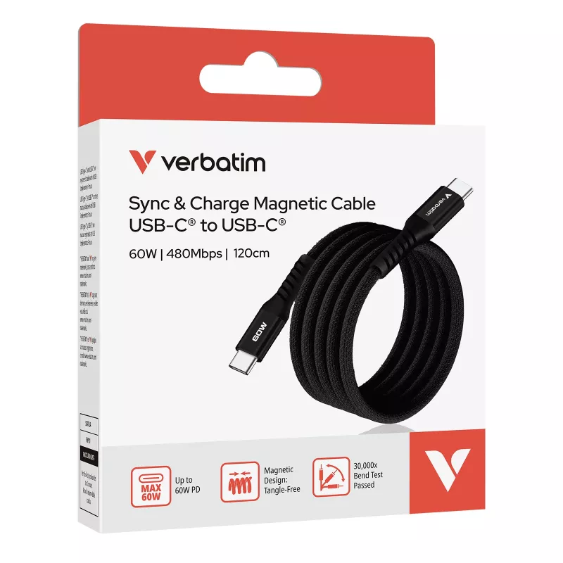 Verbatim Sync & Charge Cable magnético – 60 W USB-C a USB-C, 120 cm, negro