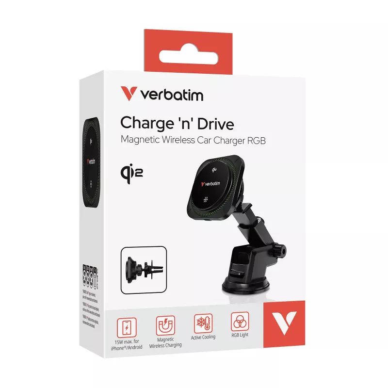 Verbatim Charge 'n' Drive Qi2 cargador inalámbrico magnético para coche RGB