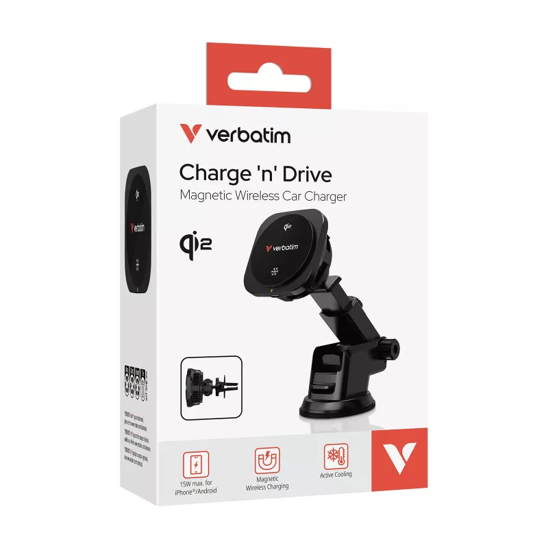 Verbatim Charge 'n' Drive Qi2 cargador inalámbrico magnético para coche, coche, USB, carga inalámbrica, 1 m, negro