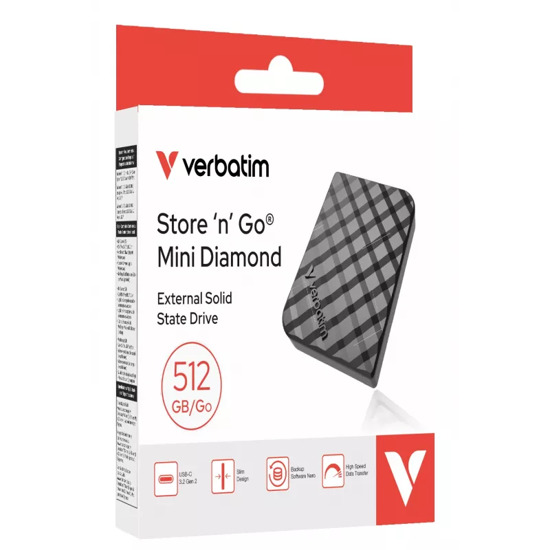 Verbatim Store 'n' Go Mini Diamond USB-C 512GB negro, 512 GB, M.2, USB Type-C, 3.2 Gen 2 (3.1 Gen 2), 1000 MB/s, negro