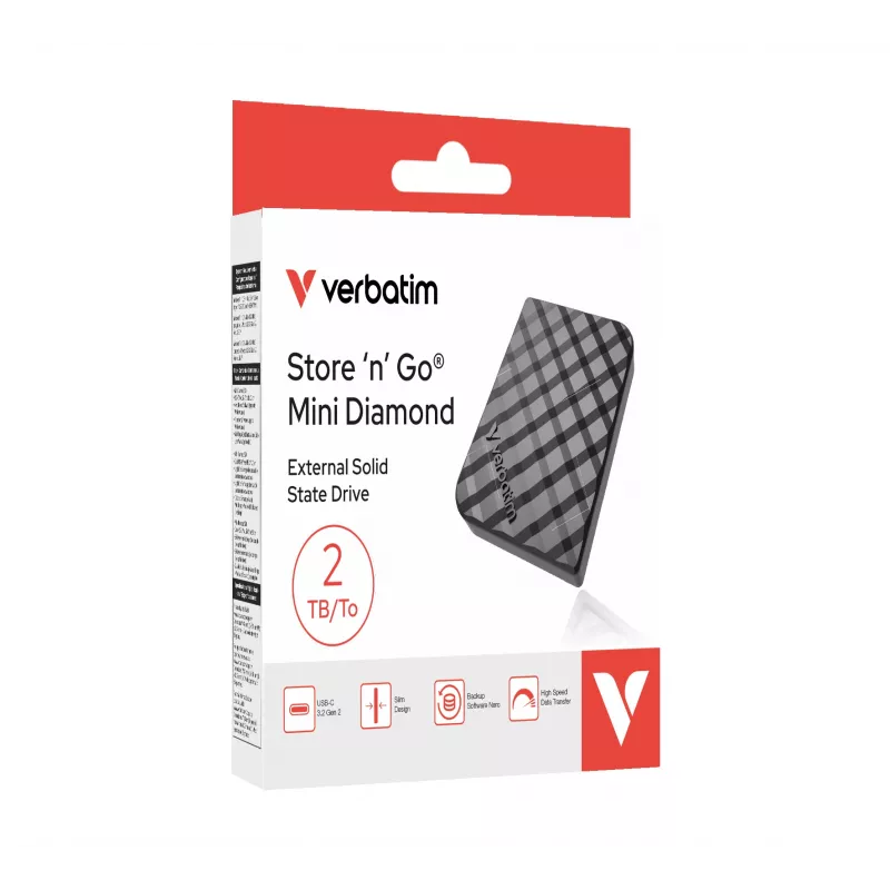 Verbatim Store 'n' Go Mini Diamond USB-C 2TB negro, 2 TB, USB Type-C, 3.2 Gen 2 (3.1 Gen 2), 1000 MB/s, negro