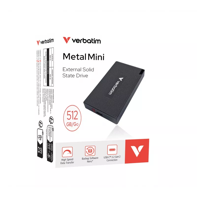 Verbatim Metal Mini SSD USB-C 3.Gen 2 512 GB, 512 GB, USB Type-C, USB 3.2 Gen 2x2, 2000 MB/s, 10 Gbit/s, gris