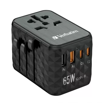 Verbatim UTA-05 adaptador de viaje universal 65W GaN III con 2 x USB-C PD y QC 4+ y 2 x conectores USB-A