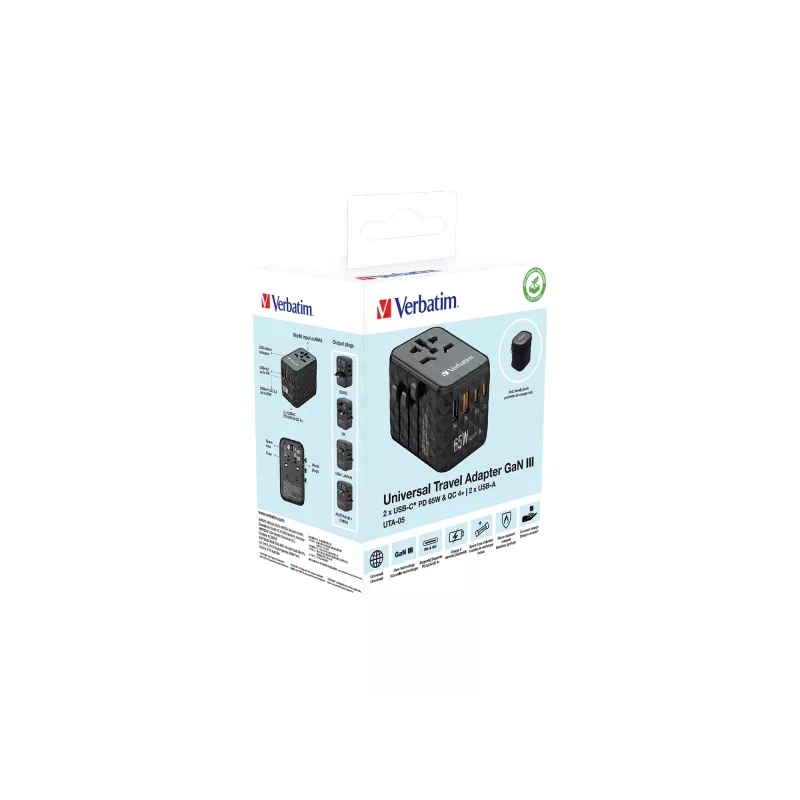 Verbatim UTA-05 adaptador de viaje universal 65W GaN III con 2 x USB-C PD y QC 4+ y 2 x conectores USB-A