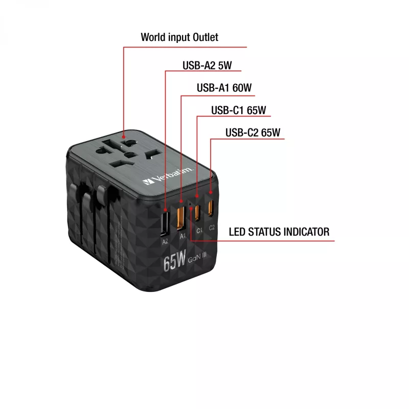 Verbatim UTA-05 adaptador de viaje universal 65W GaN III con 2 x USB-C PD y QC 4+ y 2 x conectores USB-A