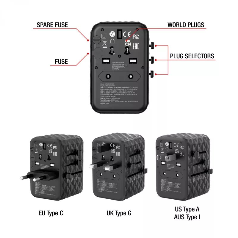 Verbatim UTA-05 adaptador de viaje universal 65W GaN III con 2 x USB-C PD y QC 4+ y 2 x conectores USB-A