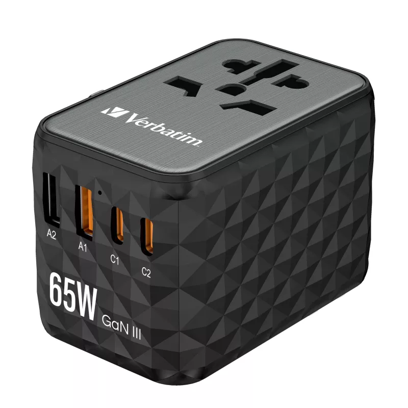 Verbatim UTA-05 adaptador de viaje universal 65W GaN III con 2 x USB-C PD y QC 4+ y 2 x conectores USB-A