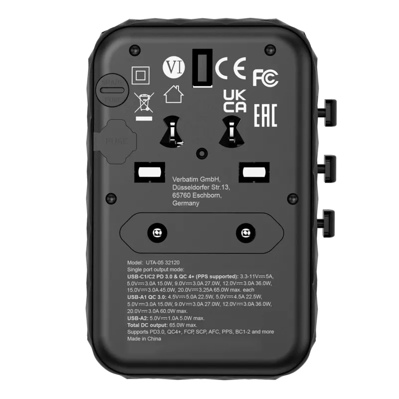 Verbatim UTA-05 adaptador de viaje universal 65W GaN III con 2 x USB-C PD y QC 4+ y 2 x conectores USB-A
