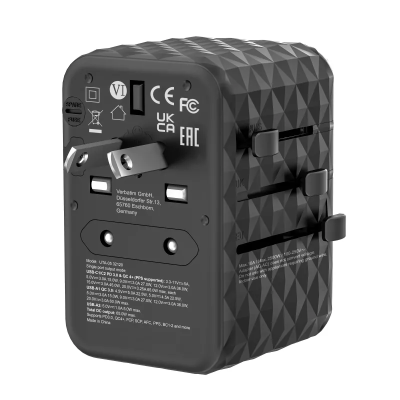 Verbatim UTA-05 adaptador de viaje universal 65W GaN III con 2 x USB-C PD y QC 4+ y 2 x conectores USB-A