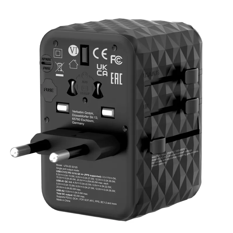 Verbatim UTA-05 adaptador de viaje universal 65W GaN III con 2 x USB-C PD y QC 4+ y 2 x conectores USB-A