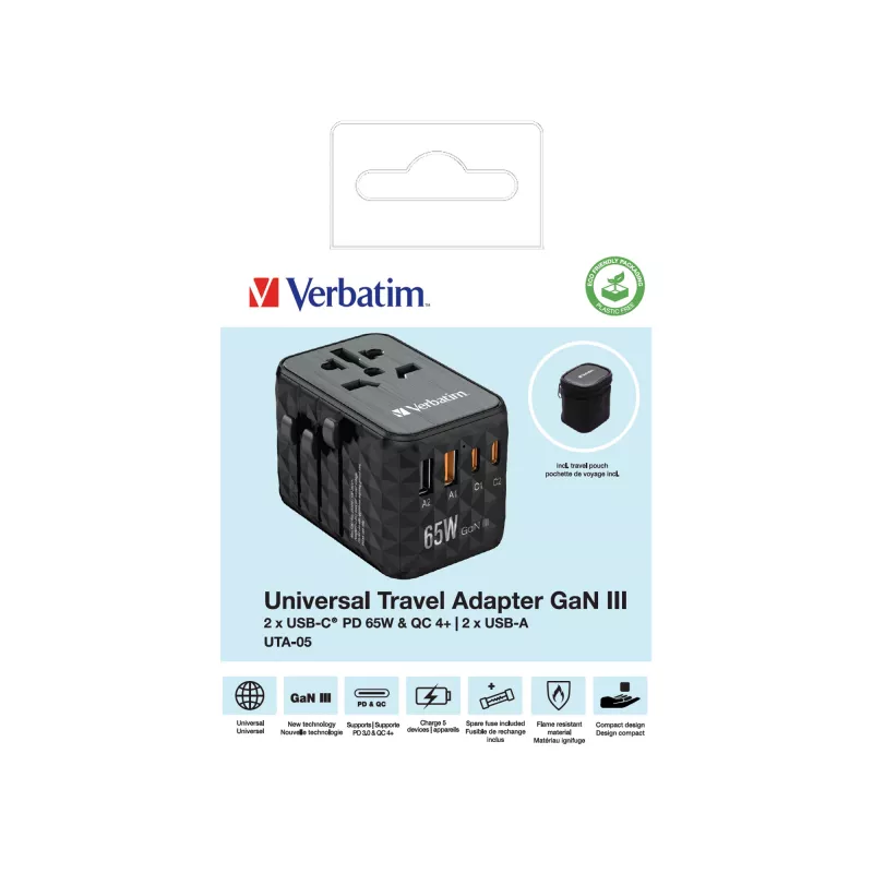 Verbatim UTA-05 adaptador de viaje universal 65W GaN III con 2 x USB-C PD y QC 4+ y 2 x conectores USB-A