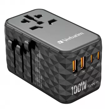 Verbatim UTA-06 adaptador de viaje universal 100W GaN III con 2 x USB-C PD y QC 4+ y 2 x conectores USB-A QC 3.0