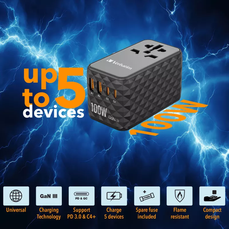 Verbatim UTA-06 adaptador de viaje universal 100W GaN III con 2 x USB-C PD y QC 4+ y 2 x conectores USB-A QC 3.0