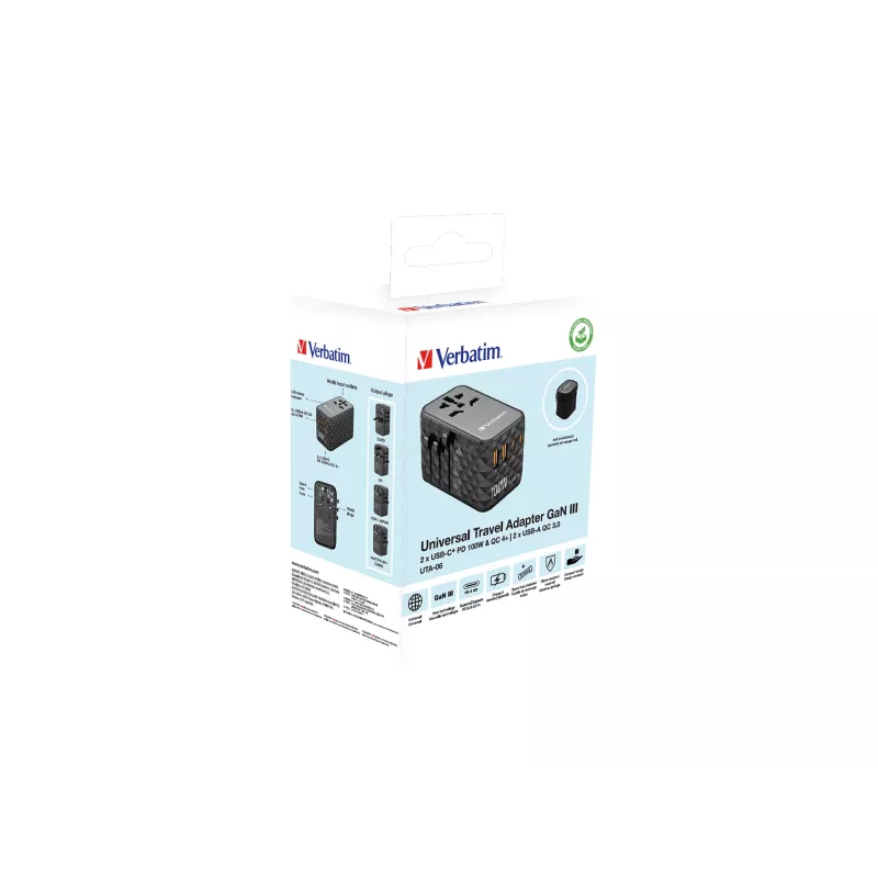 Verbatim UTA-06 adaptador de viaje universal 100W GaN III con 2 x USB-C PD y QC 4+ y 2 x conectores USB-A QC 3.0