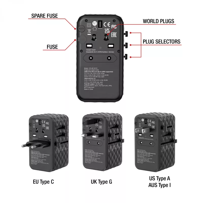 Verbatim UTA-06 adaptador de viaje universal 100W GaN III con 2 x USB-C PD y QC 4+ y 2 x conectores USB-A QC 3.0