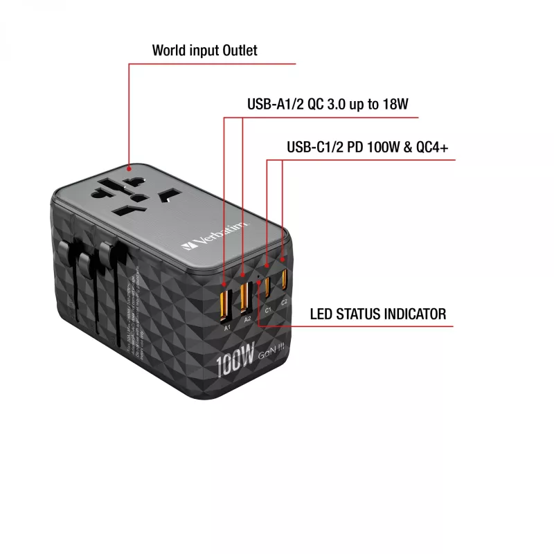 Verbatim UTA-06 adaptador de viaje universal 100W GaN III con 2 x USB-C PD y QC 4+ y 2 x conectores USB-A QC 3.0