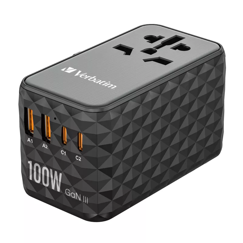 Verbatim UTA-06 adaptador de viaje universal 100W GaN III con 2 x USB-C PD y QC 4+ y 2 x conectores USB-A QC 3.0