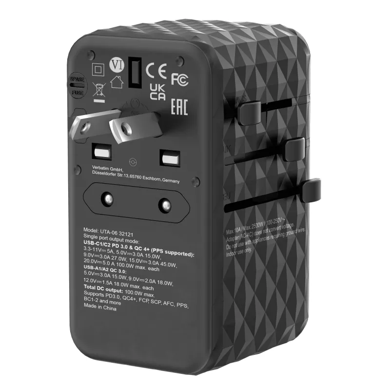 Verbatim UTA-06 adaptador de viaje universal 100W GaN III con 2 x USB-C PD y QC 4+ y 2 x conectores USB-A QC 3.0