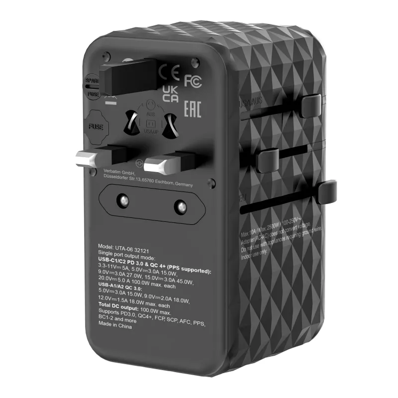 Verbatim UTA-06 adaptador de viaje universal 100W GaN III con 2 x USB-C PD y QC 4+ y 2 x conectores USB-A QC 3.0
