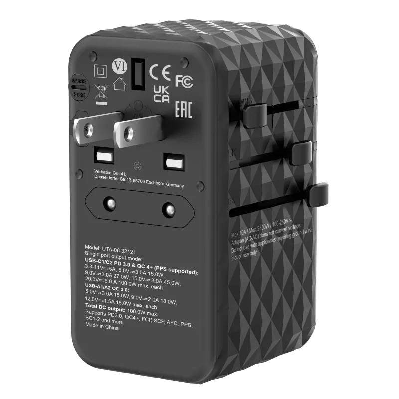 Verbatim UTA-06 adaptador de viaje universal 100W GaN III con 2 x USB-C PD y QC 4+ y 2 x conectores USB-A QC 3.0