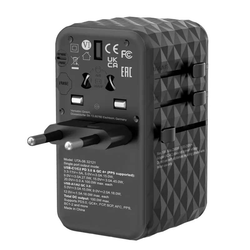 Verbatim UTA-06 adaptador de viaje universal 100W GaN III con 2 x USB-C PD y QC 4+ y 2 x conectores USB-A QC 3.0