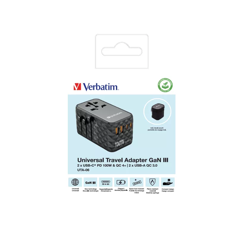 Verbatim UTA-06 adaptador de viaje universal 100W GaN III con 2 x USB-C PD y QC 4+ y 2 x conectores USB-A QC 3.0