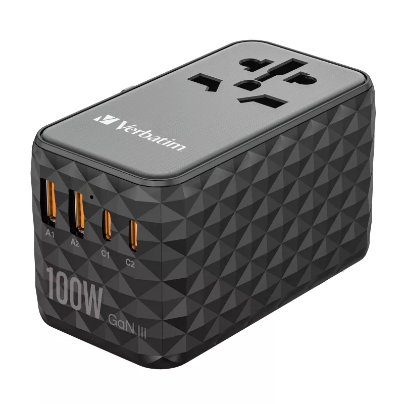 Verbatim UTA-06 adaptador de viaje universal 100W GaN III con 2 x USB-C PD y QC 4+ y 2 x conectores USB-A QC 3.0