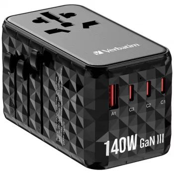 Verbatim UTA-10 adaptador de viaje universal 140W GaN III con 2 x USB-C PD 3.1 y QC 4+, 1 x USB-C PD 3.0 y 1 x conector USB-A QC 3.0