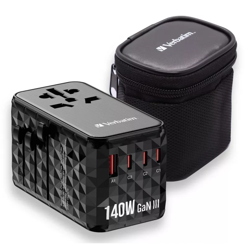 Verbatim UTA-10 adaptador de viaje universal 140W GaN III con 2 x USB-C PD 3.1 y QC 4+, 1 x USB-C PD 3.0 y 1 x conector USB-A QC 3.0