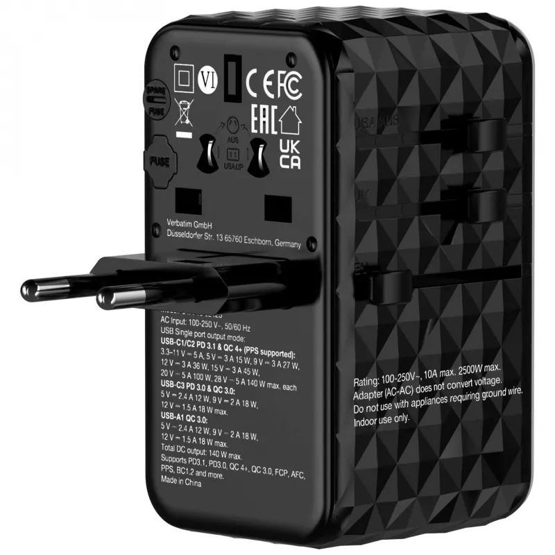 Verbatim UTA-10 adaptador de viaje universal 140W GaN III con 2 x USB-C PD 3.1 y QC 4+, 1 x USB-C PD 3.0 y 1 x conector USB-A QC 3.0