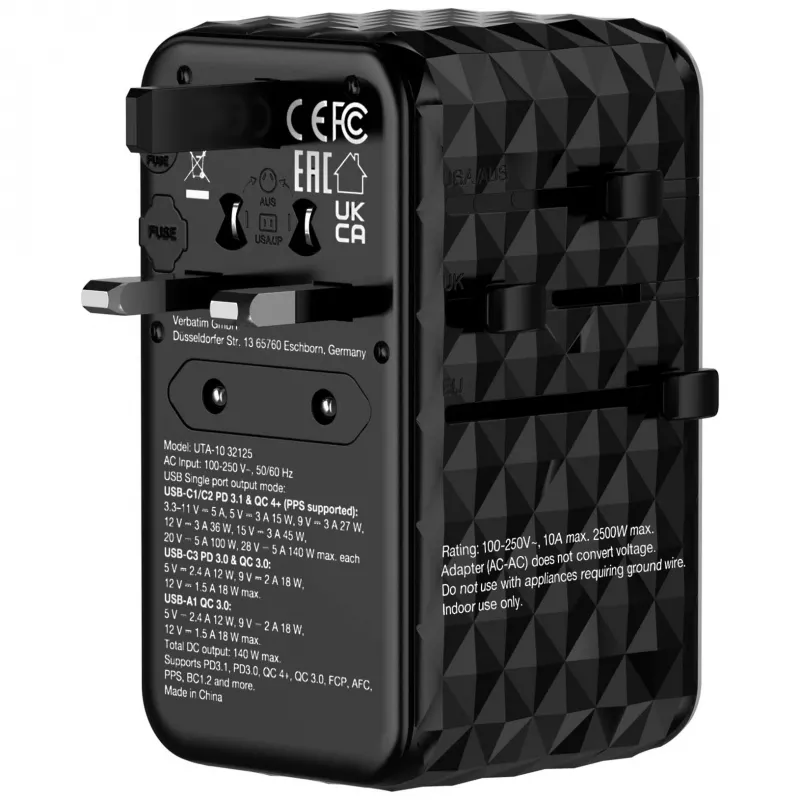 Verbatim UTA-10 adaptador de viaje universal 140W GaN III con 2 x USB-C PD 3.1 y QC 4+, 1 x USB-C PD 3.0 y 1 x conector USB-A QC 3.0
